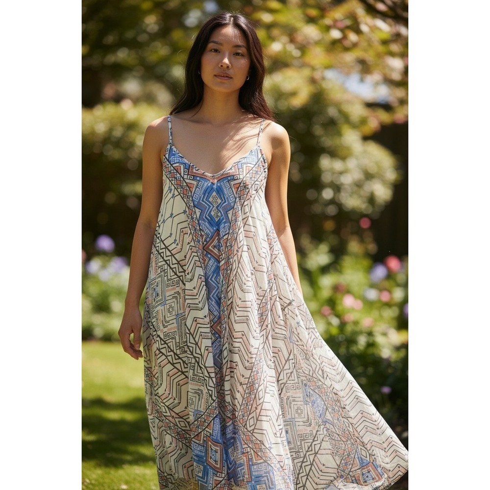 (F-187)Japna Women’s Boho Maxi Dress Size S Geometric Print Sleeveless Flowy Sum